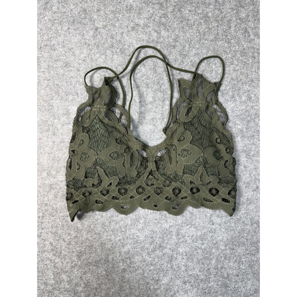 Olive Green Floral Lace Bralette Adjustable Straps Smocked Back Boho Lingerie